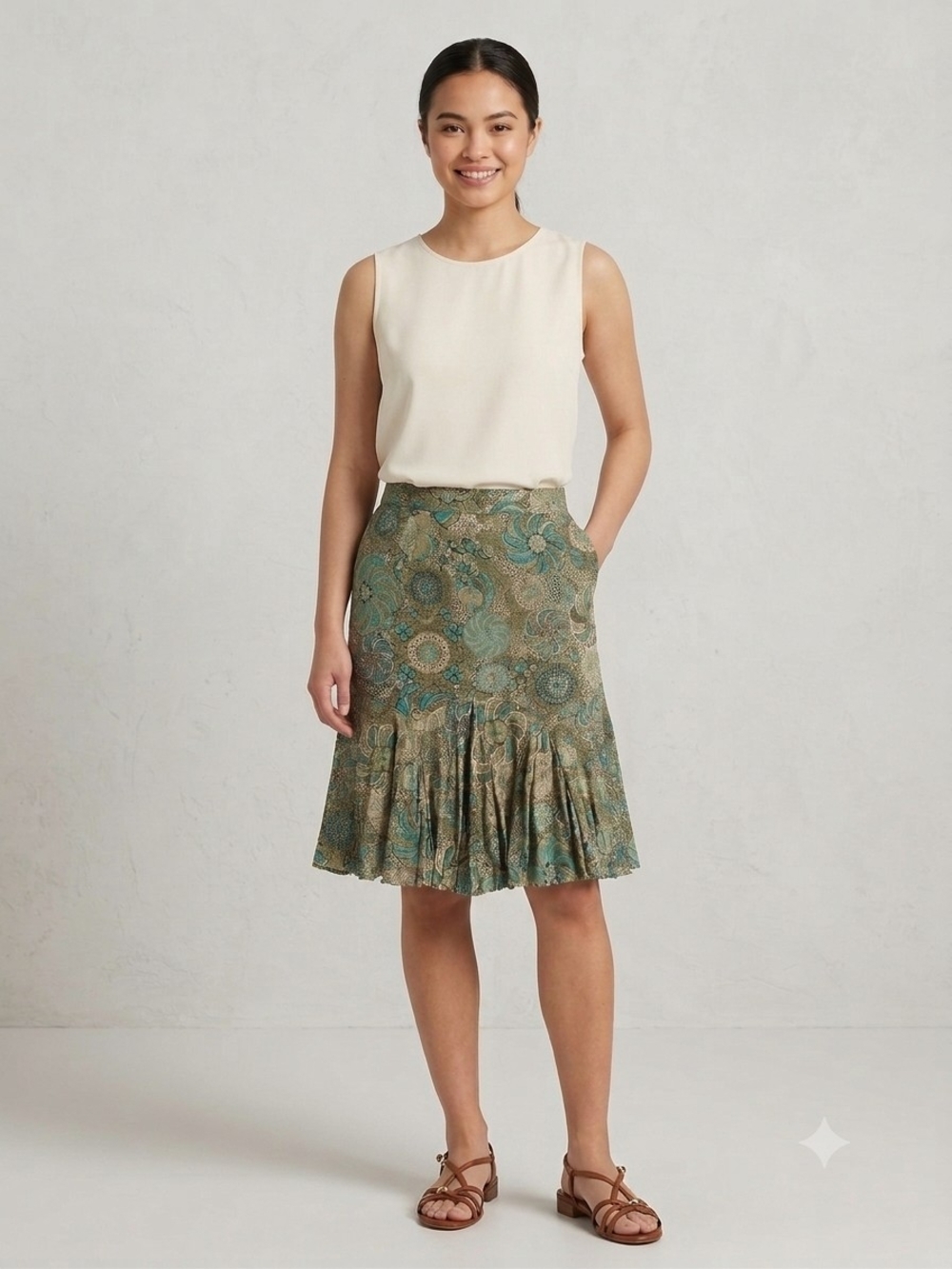 Emma James Bohemian Green Paisley Ruffle-Hem Midi Skirt.    Size S.    SK 14